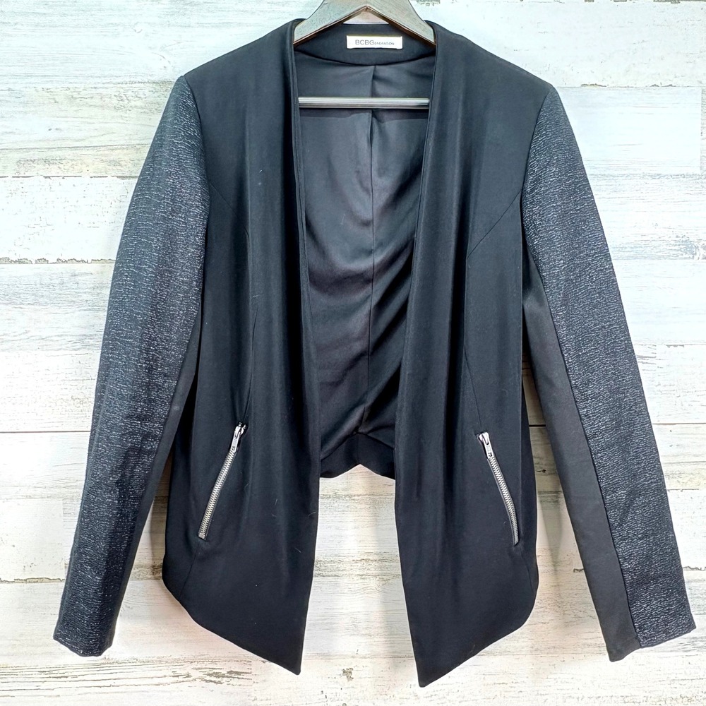 BCBGeneration Womens Black Open Front Blazer Metallic Mixed Media Jacket Size M